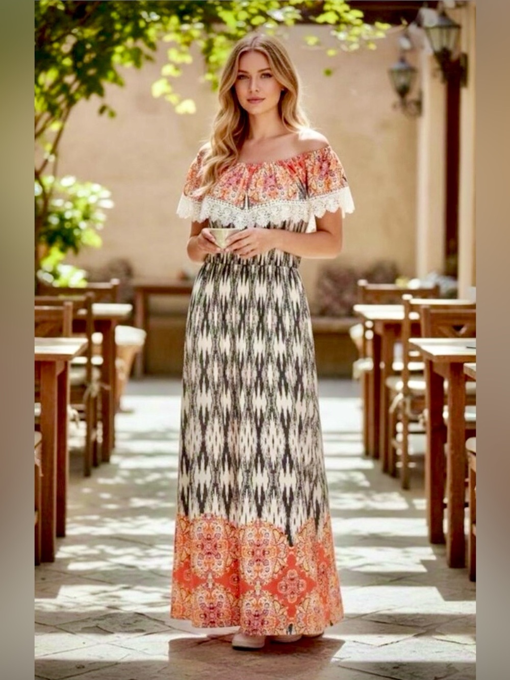 Me 2 Magic (Anthropologie) Boho Off-Shoulder Maxi Dress in Orange and Black